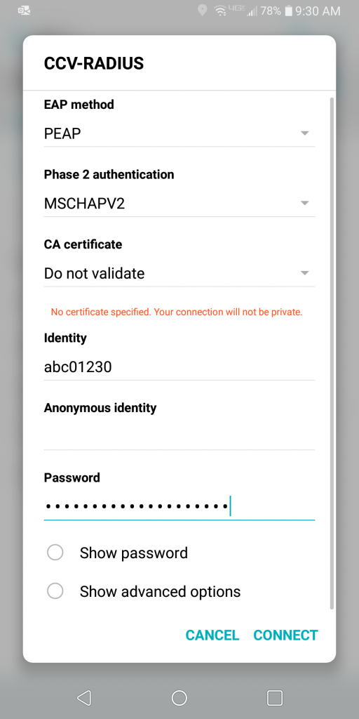 Screenshot of Android settings page