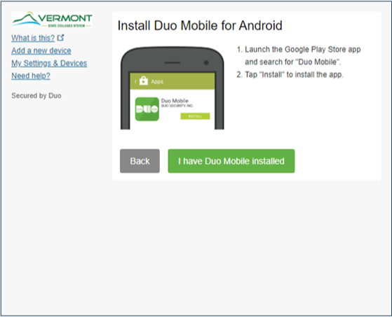 Screenshot confirming Duo app is installed