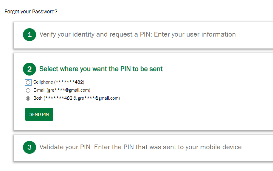 Screenshot showing the method of delivery for PIN