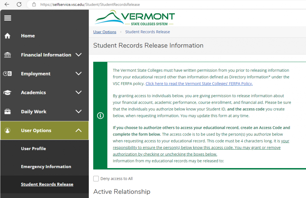 Screenshot of the Student Records Release location on Self Service