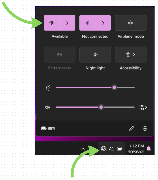 Screenshot showing the location of network icon and wireless