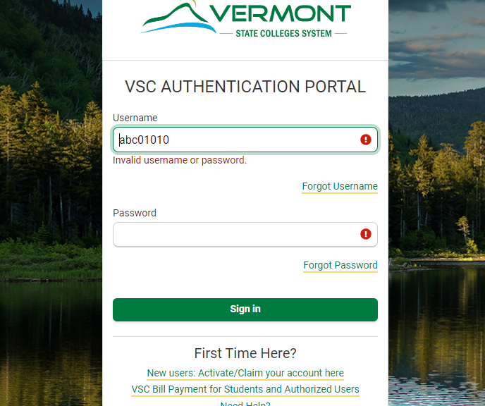 Screenshot showing the error: invalid username or password